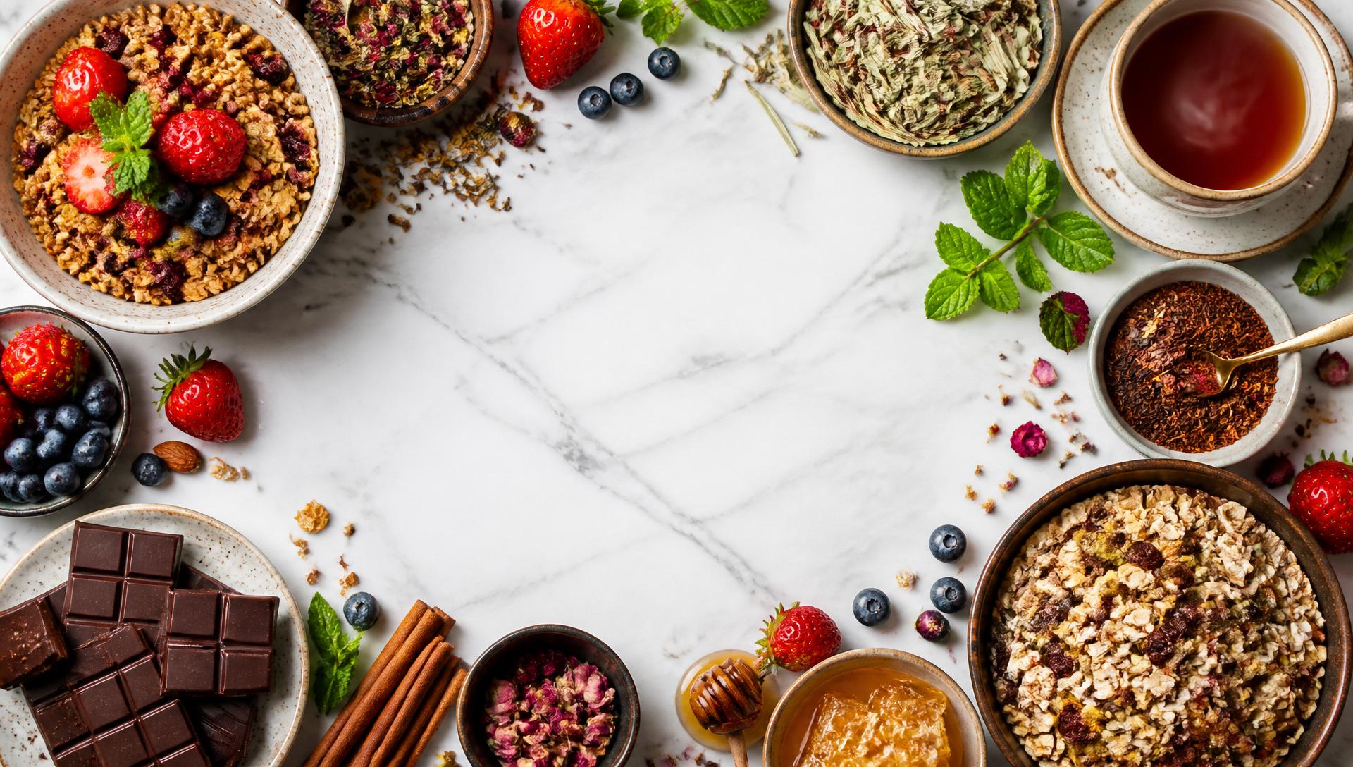 A colourful spread of Hugo's Fine Foods granola, teas, chocolate and berries